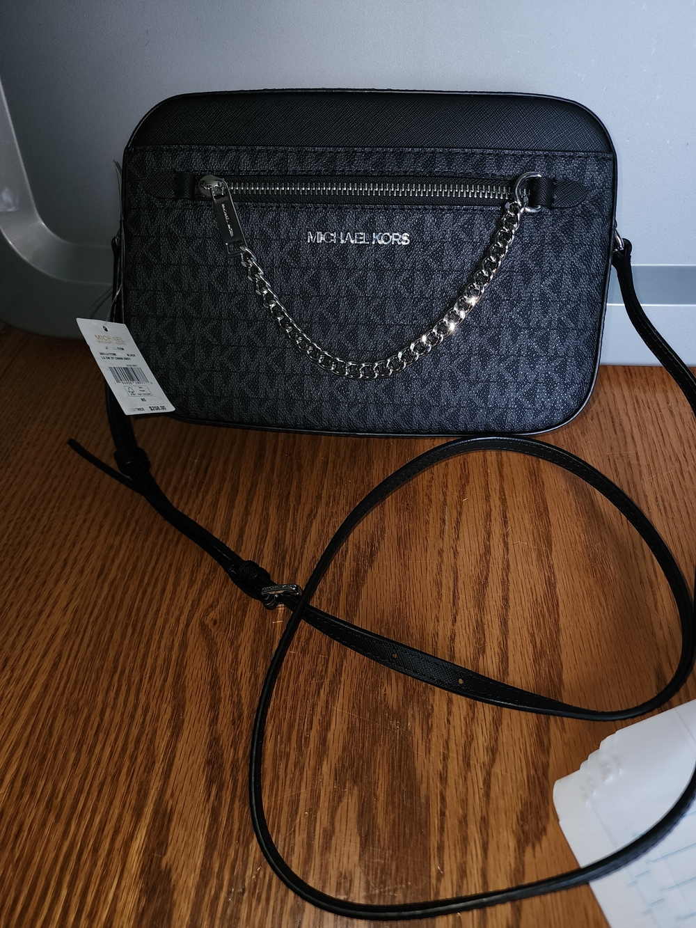NWT Michael Kors Black Signature Logo Crossbody Bag with Chain Detail